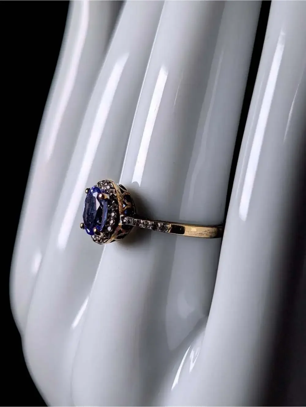 Vintage Genuine Kyanite Solitaire with White Topaz Halo Gold over Sterling Ring
